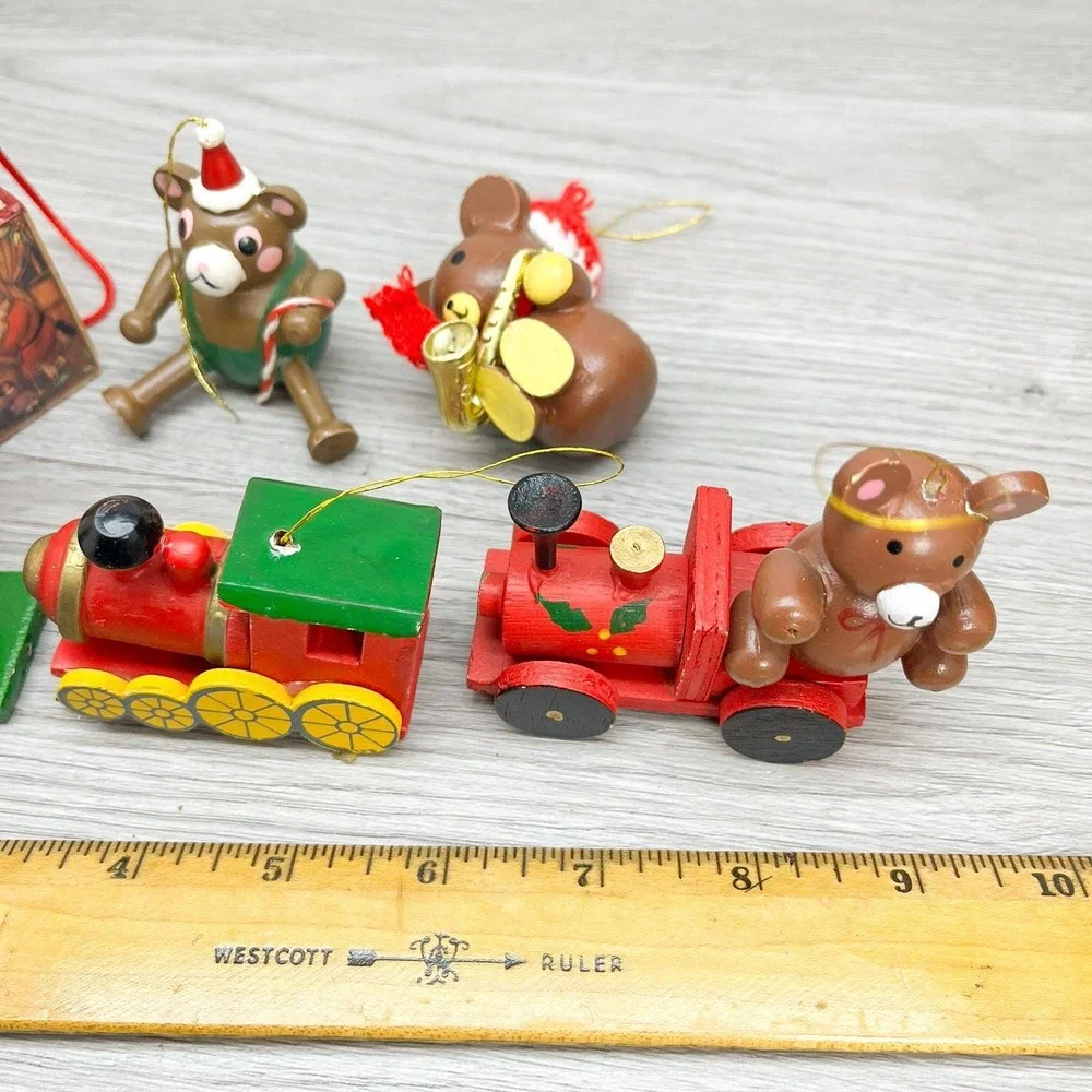 Vintage Wooden Christmas‎ Ornaments, Teddy Bear & Train Ornaments Set of 6